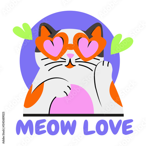 Flat style sticker of a lovely cat wearing heart glasses