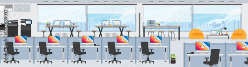 Wide floor office background with many working desk and resting zone, Office floor with high skyscraper view.