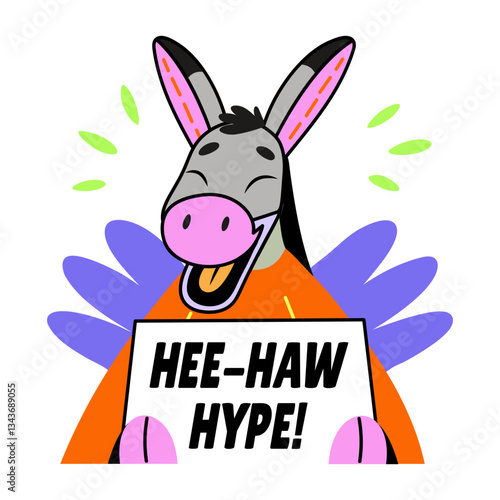 Flat sticker of a laughing donkey with hee haw hype typography