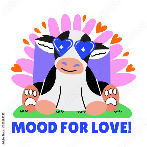 Flat sticker of a lovely cow with mood for love typography