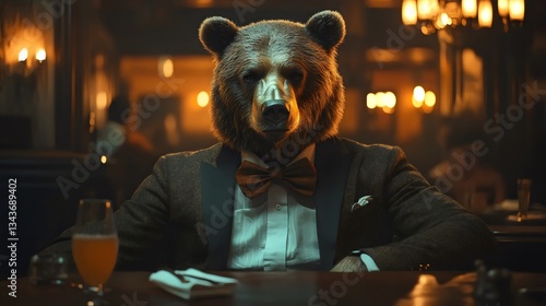 Fototapeta Naklejka Na Ścianę i Meble -  A bear is wearing a suit and tie and sitting at a table with a glass of beer