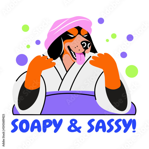Flat sticker of a dog bath with soapy and sassy typography
