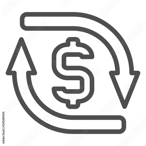 Circular arrows and dollar line icon, bank account concept. Vector graphics. Money currency exchange cycle sign on white background, outline style icon for mobile or web design.