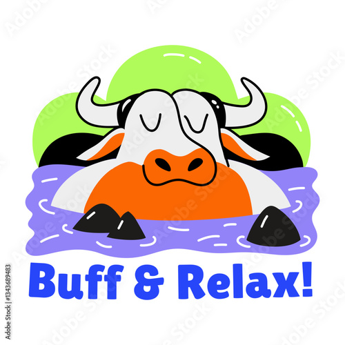 A flat style sticker of a cow resting in a water