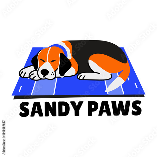 A flat style sticker of a dog resting with sandy paws typography