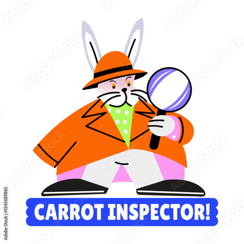 Flat sticker of a detective rabbit with carrot inspector typography