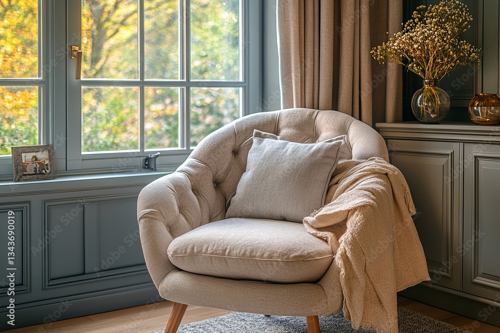 Fototapeta premium an inviting cozy armchair with a warm throw blanket sits near a window, with a decorative plant, perfect for relaxation and home decor