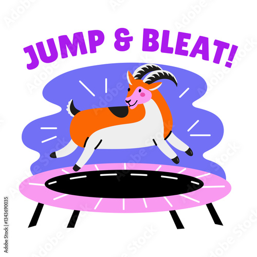 Flat sticker of a jumping goat on a trampoline with jump and bleat typography