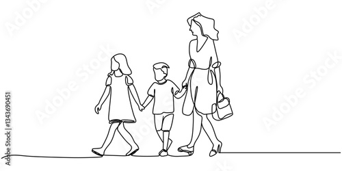 Happy disabled boy with his family together outdoor, Happy family in continuous line art drawing style. Front view of parents with their little kid holding hands and walking together black linear.