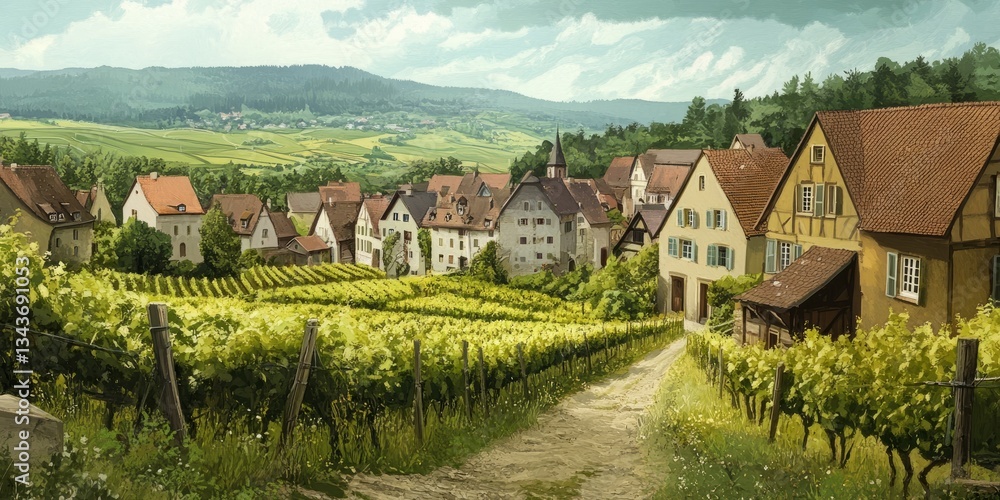 Naklejka premium Springtime in Alsace Vineyards Villages Pastels Greeneries