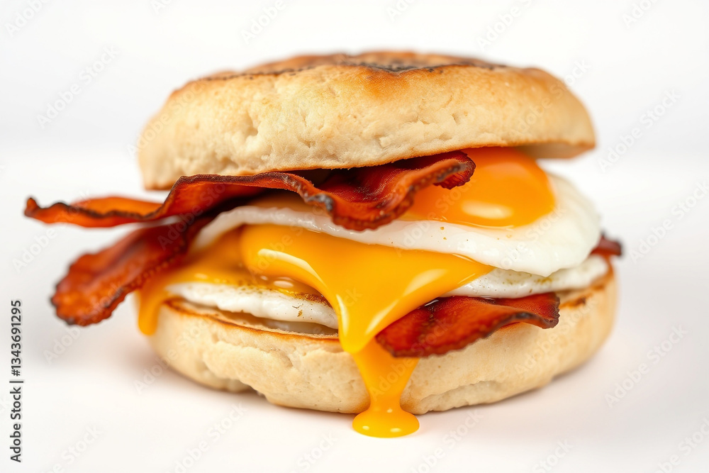 Delicious sandwich featuring a toasted English muffin, runny egg, melted cheese, and crispy bacon on a white background, perfect for breakfast or brunch. Delicious sandwich featuring a toasted English muffin, runny egg, melted cheese, and crispy bacon on a white background, perfect for breakfast or brunch.