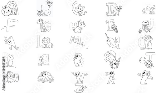 Cute Cartoon Alphabet Illustrations for Kids Coloring Book