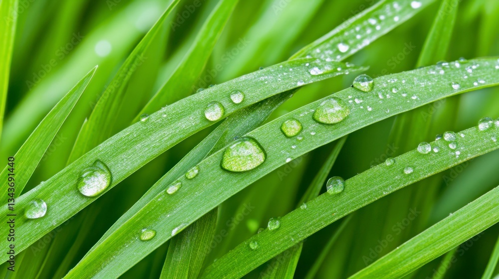 Close up of dew drops on vibrant green blades of grass. The image showcases the texture and freshness of the grass. Close up of dew drops on vibrant green blades of grass. The image showcases the texture and freshness of the grass.