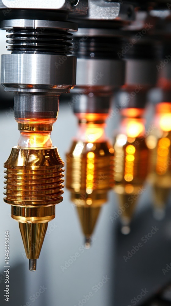 Close up view of several glowing metallic industrial nozzles, arranged in a row against a blurred gray background. The nozzles are golden brass, with a sharp point, and show signs of heat. Close up view of several glowing metallic industrial nozzles, arranged in a row against a blurred gray background. The nozzles are golden brass, with a sharp point, and show signs of heat.