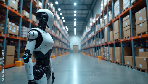 Wallpaper Mural a robot standing in a warehouse, surrounded by shelves stocked with boxes Torontodigital.ca