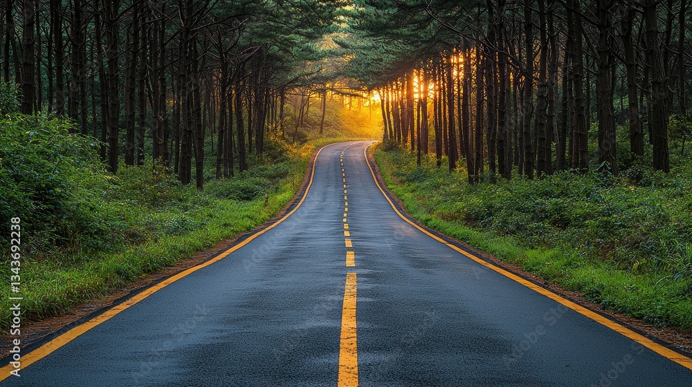 Serene winding road through a lush forest at sunrise, inviting exploration Serene winding road through a lush forest at sunrise, inviting exploration