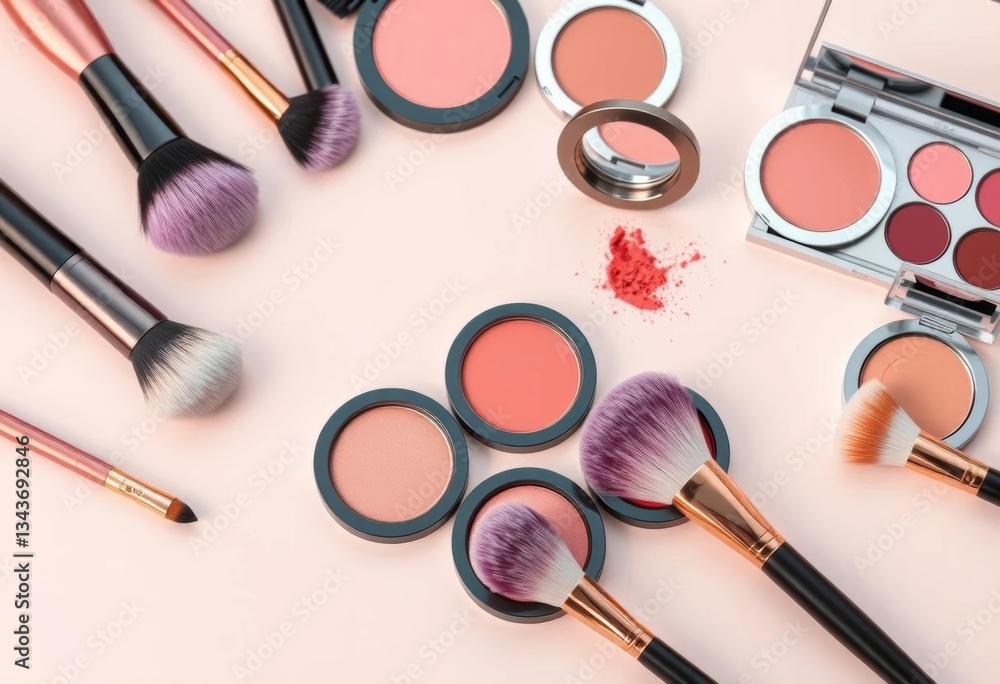 Pastel background showcasing a collection of makeup brushes, blush, and powder palettes, kit, brush set Pastel background showcasing a collection of makeup brushes, blush, and powder palettes, kit, brush set