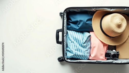 an open suitcase packed with clothes and travel essentials, getting ready for journey