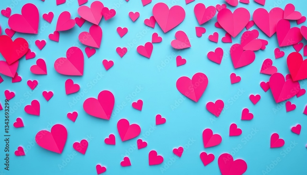Pastel blue background adorned with scattered pink and red paper hearts, cutouts, love Pastel blue background adorned with scattered pink and red paper hearts, cutouts, love