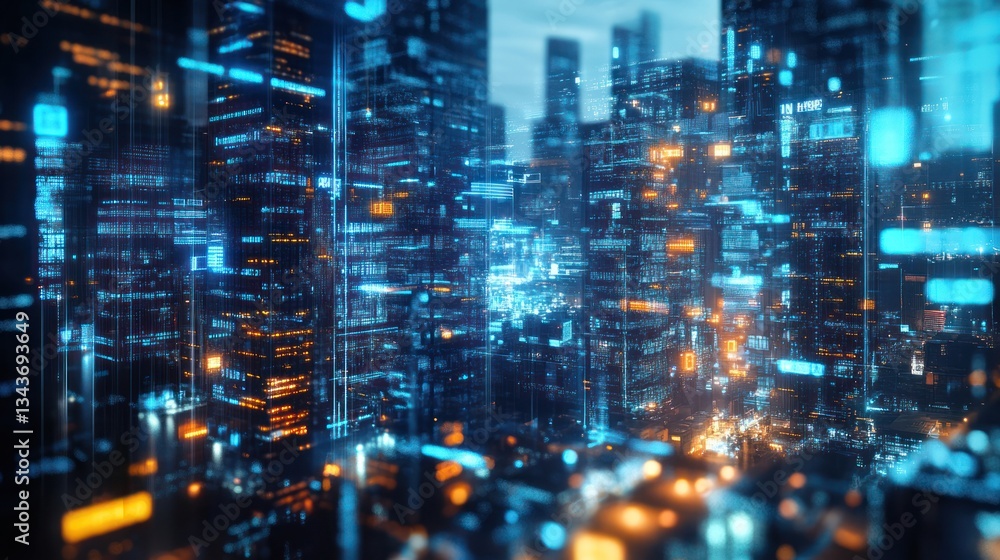 Futuristic city skyline at night with glowing digital code. Possible use for technology, innovation, or sci-fi concepts Futuristic city skyline at night with glowing digital code. Possible use for technology, innovation, or sci-fi concepts
