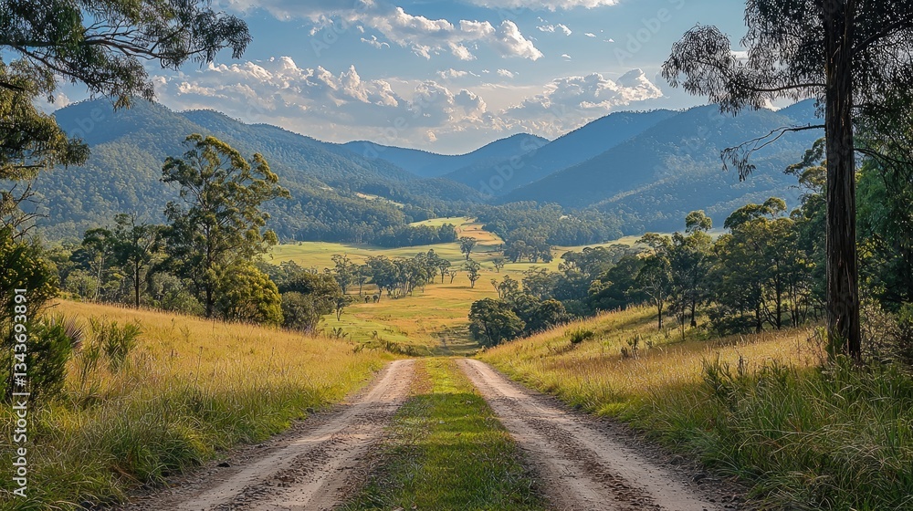 Fototapeta premium Serene dirt road winding through lush green hills under a blue sky