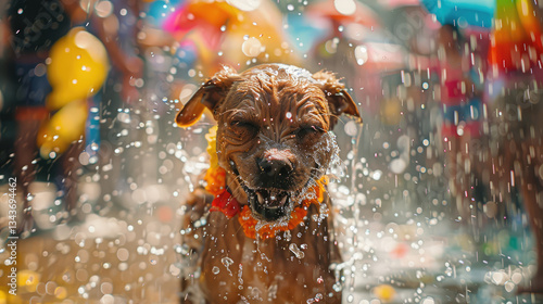 joyful dog splashes in water, enjoying fun moment