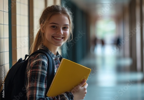 Smiling Student Girl in School Hallway