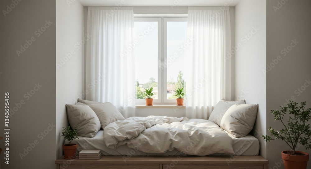 Fototapeta premium Cozy Bed Nook with Natural Light and Indoor Potted Plants