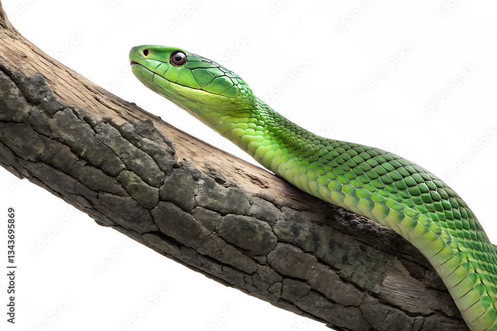 Fototapeta premium a green snake lying on a tree branch isolated on white background png. AI Generated 