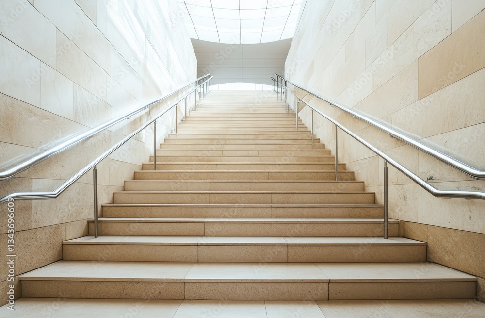 Modern stone stairs with metal handrails. Interior perspective of a light and airy staircase Modern stone stairs with metal handrails. Interior perspective of a light and airy staircase