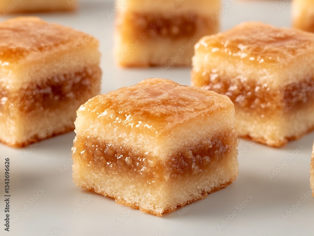 Delicious square pastries with layers and shiny glaze are displayed Delicious square pastries with layers and shiny glaze are displayed