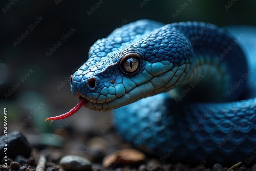 Fototapeta premium The blue viper's forked tongue darts in and out as it surveys its surroundings with cold calculating intent , blue viper snake, snakes, reptile