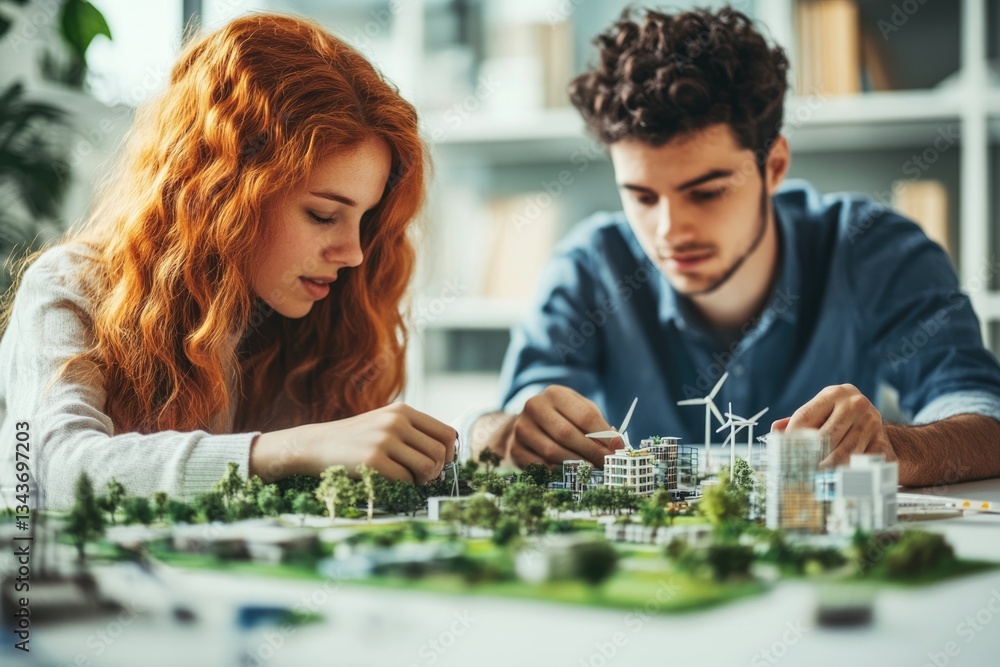 Fototapeta premium Two young architects collaborate on an eco-friendly city model using wind turbines and green spaces.