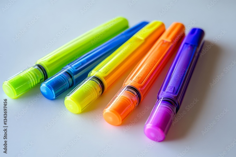Colorful highlighters arranged on a clean surface, showcasing vibrant tones perfect for study and organization tasks Colorful highlighters arranged on a clean surface, showcasing vibrant tones perfect for study and organization tasks