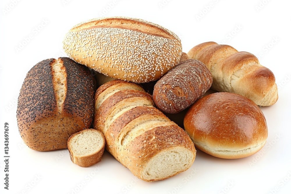 Variety of fresh bread rolls and loaves displayed on a white background Variety of fresh bread rolls and loaves displayed on a white background