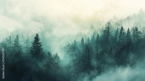 A misty landscape gradually blends into a dense, mystical forest, with ethereal, hovering clouds adding
