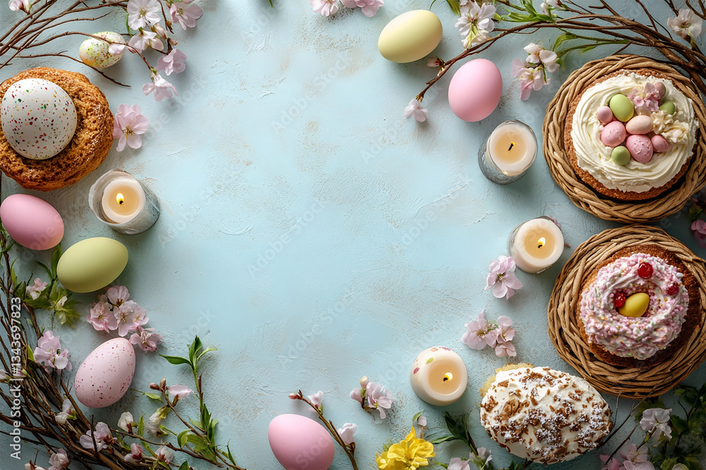 Obraz premium Frame for an Easter banner on a blue background. Willow branches, Easter eggs, traditional Easter cakes, decorated baskets, candles, and festive treats. There is free space for for text