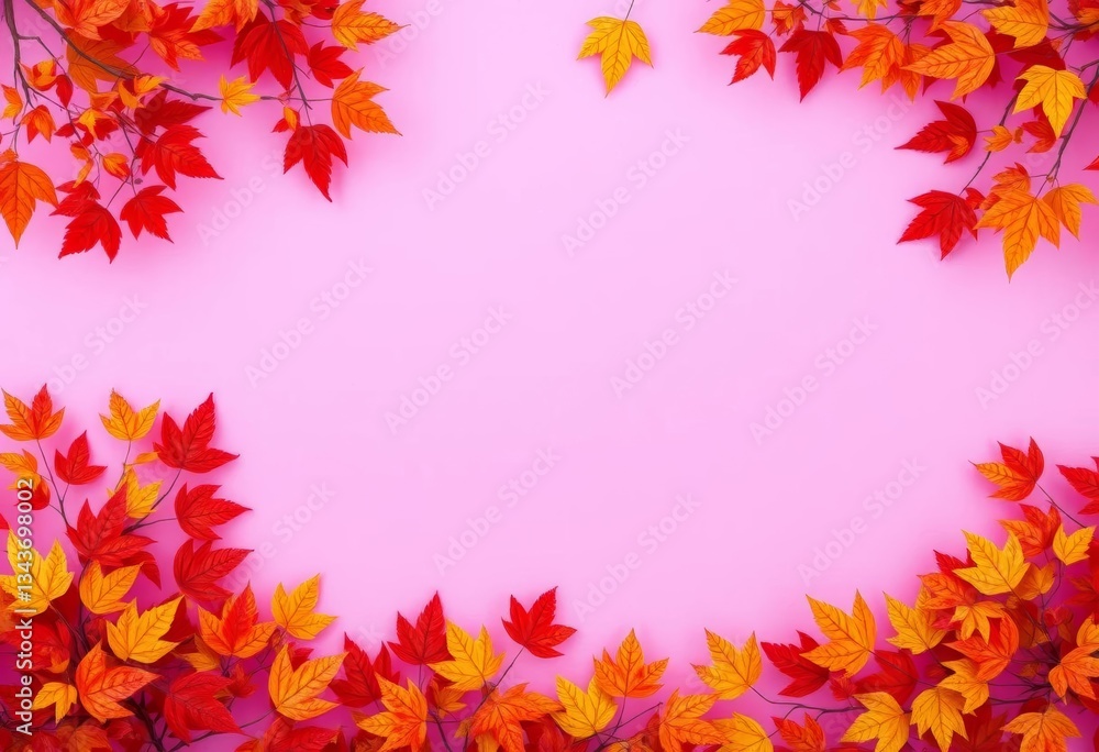 Pink backdrop, vibrant autumn leaves frame central space, harvest, vibrant Pink backdrop, vibrant autumn leaves frame central space, harvest, vibrant