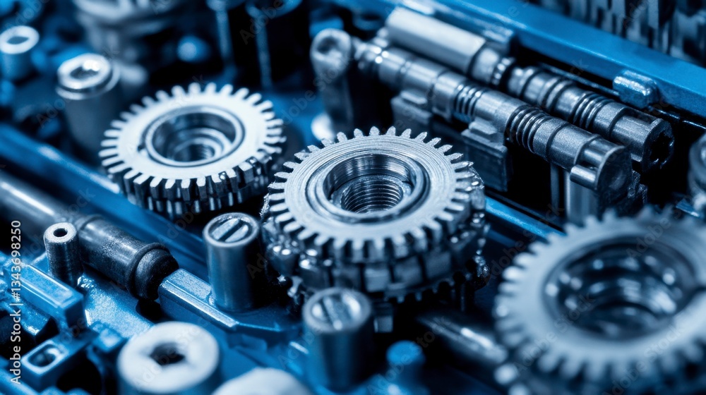 Close up detailed view of metallic gears and mechanical components. Cool blue tones, intricate design, industrial theme. High quality macro photography. Close up detailed view of metallic gears and mechanical components. Cool blue tones, intricate design, industrial theme. High quality macro photography.