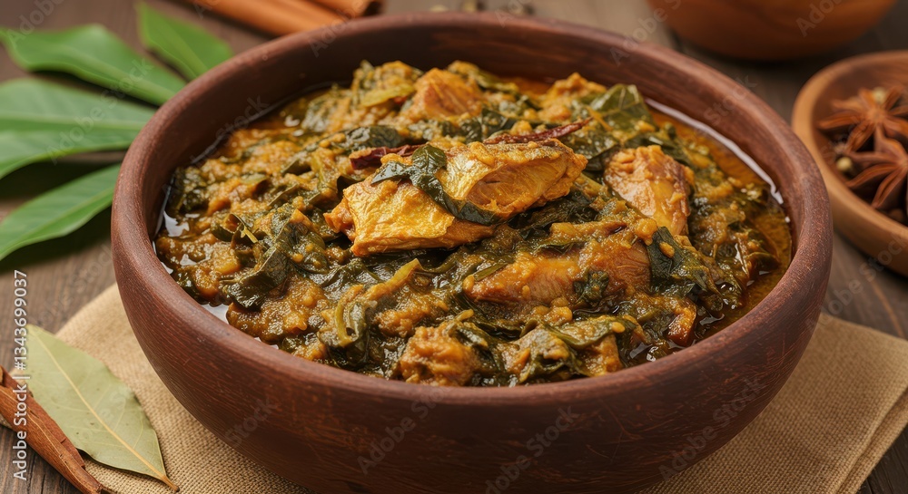 Serving of Stew with Spinach and Chicken in a Rustic Bowl Serving of Stew with Spinach and Chicken in a Rustic Bowl