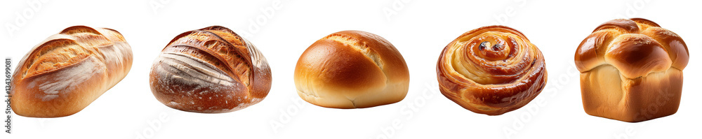 Fototapeta premium Artisan Breads: An assortment of freshly baked, handcrafted artisan bread loaves and rolls, capturing the warm, inviting essence of a bakery, ready for consumption.