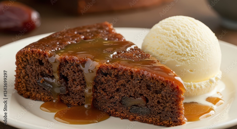 Serving of Sticky Date Cake with Caramel Sauce and Vanilla Ice Cream Serving of Sticky Date Cake with Caramel Sauce and Vanilla Ice Cream