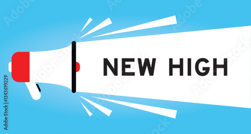 Color megaphone icon with word new high in white banner on blue background
