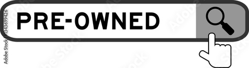 Search banner in word pre-owned with hand over magnifier icon on white background