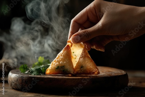 A hand breaks apart two golden-brown samosas, steaming hot, on a rustic wooden board.
