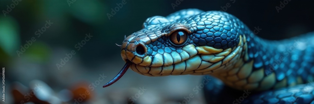 Fototapeta premium Venomous snake head closeup with blue scales and sharp fangs, reptile, scale