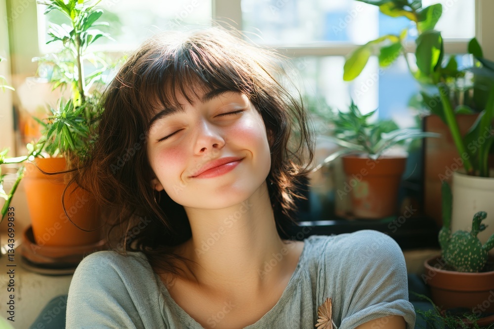 Young woman smiling joyfully in a sunlit room surrounded by green plants during the afternoon