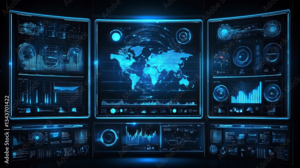 Fototapeta premium Futuristic blue digital interface with glowing world map and data charts on multiple screens. Dark background.