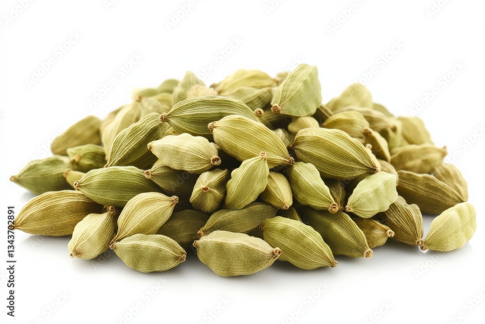Green cardamom pods piled together on a plain background showing their unique shape and texture Green cardamom pods piled together on a plain background showing their unique shape and texture