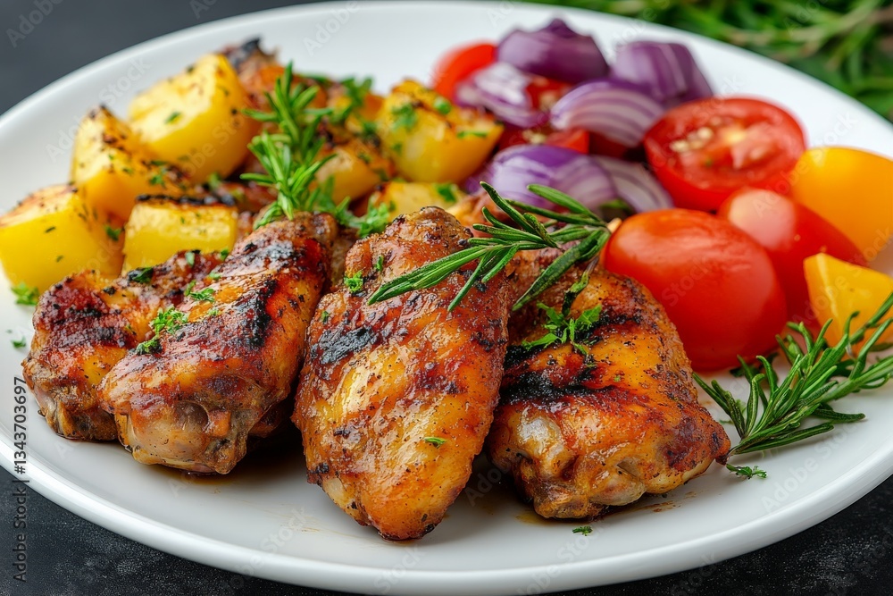 Grilled chicken wings served with roasted potatoes and fresh vegetables for a flavorful meal Grilled chicken wings served with roasted potatoes and fresh vegetables for a flavorful meal